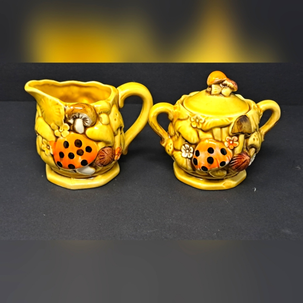 Vintage 1970's Fred Roberts Merry Mushrooms Cream And Sugar Set